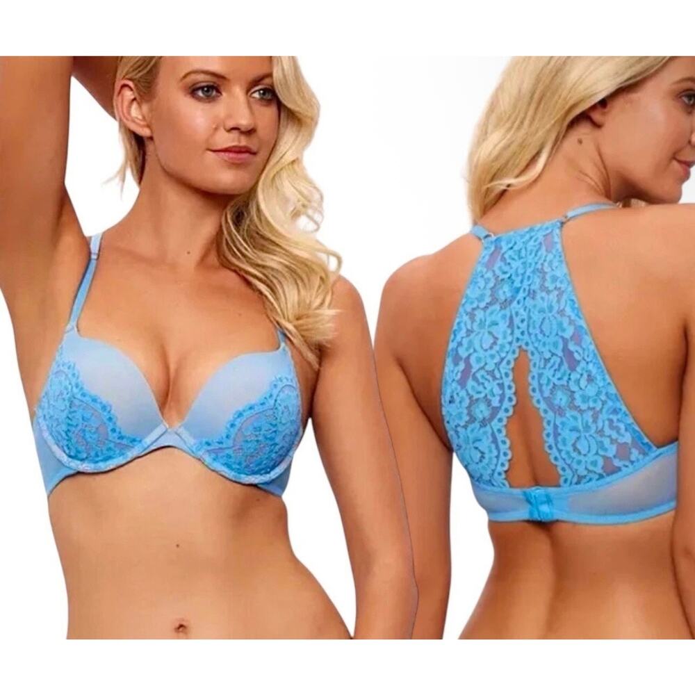 NWT! Frederick's of Hollywood Heartthrob Blue Lace Push-Up Bra 32DD